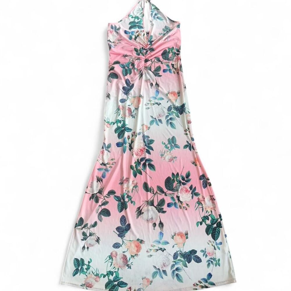 Venus Women's Pink Floral Coquette Fairy Maxi Halter Tie Dress SZ M